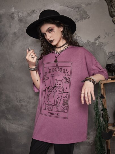 Goth تي شيرت كبير الحجم طباعة القط