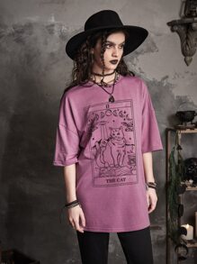 ROMWE Goth T-shirt oversize à imprimé chat
