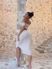SHEIN SXY Off Shoulder Knot Front Crop Top & Ruched Split Hem Skirt - White - View 2