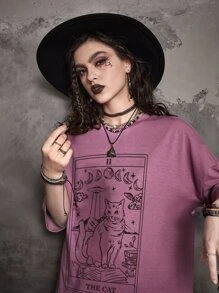 ROMWE Goth T-shirt oversize à imprimé chat
