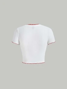 SHEIN MOD Cherry Print Contrast Lace Tee - White - View 2