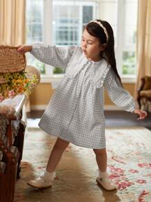 女小童秋天長袖時尚大碼翻領經典格紋洋裝,合適適用於全部場合