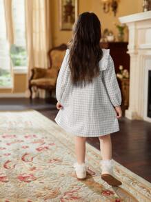 女小童秋天長袖時尚大碼翻領經典格紋洋裝,合適適用於全部場合