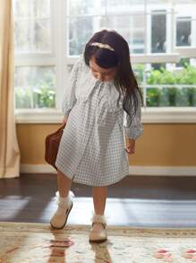女小童秋天長袖時尚大碼翻領經典格紋洋裝,合適適用於全部場合