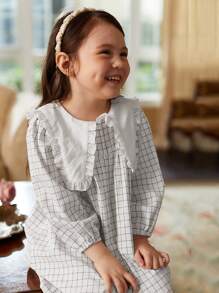 女小童秋天長袖時尚大碼翻領經典格紋洋裝,合適適用於全部場合