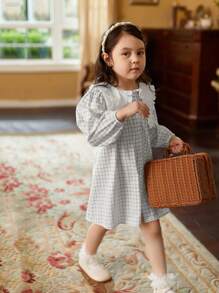 女小童秋天長袖時尚大碼翻領經典格紋洋裝,合適適用於全部場合