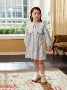 女小童秋天長袖時尚大碼翻領經典格紋洋裝,合適適用於全部場合