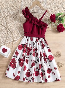 SHEIN 女孩印花不對稱領荷葉邊繫腰帶連衣裙 - 紅白色 - 查看 2