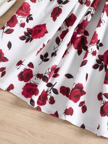 SHEIN 女孩印花不對稱領荷葉邊繫腰帶連衣裙 - 紅白色 - 查看 3