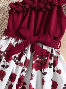 SHEIN 女孩印花不對稱領荷葉邊繫腰帶連衣裙 - 紅白色 - 查看 4