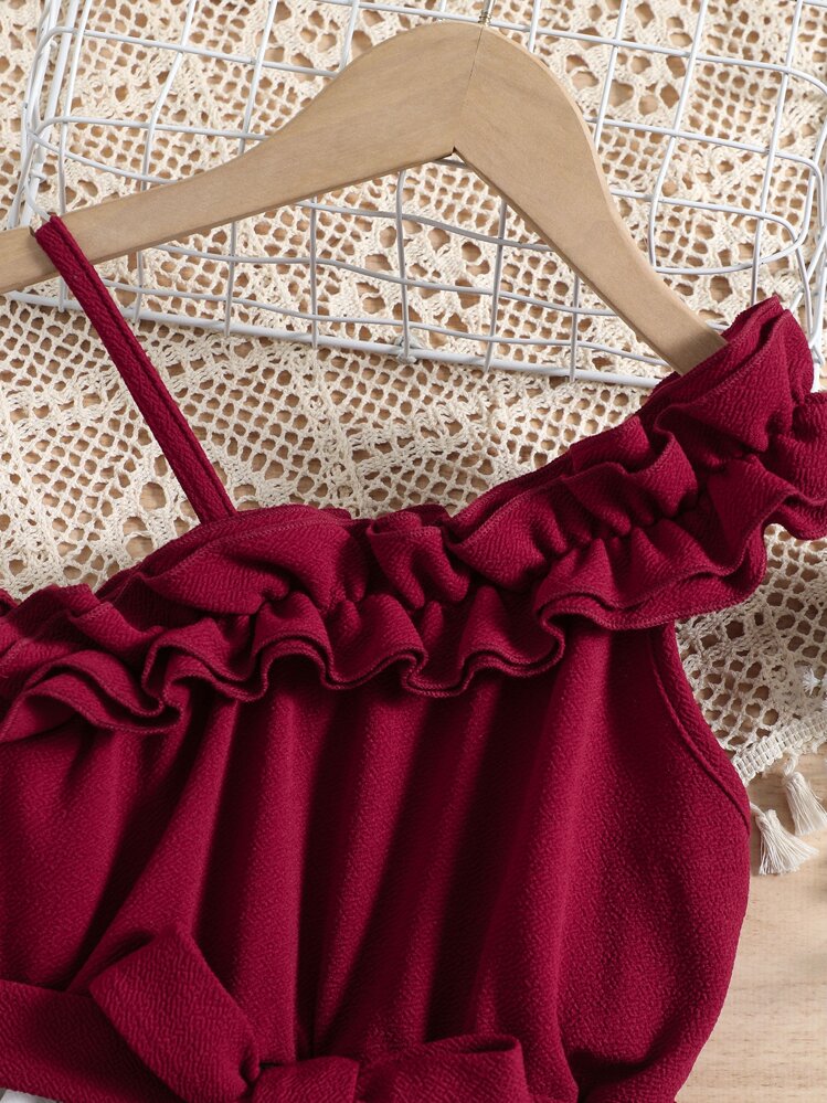 SHEIN 女孩印花不對稱領荷葉邊繫腰帶連衣裙 - 紅白色 - 查看 5