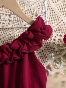 SHEIN 女孩印花不對稱領荷葉邊繫腰帶連衣裙 - 紅白色 - 查看 6