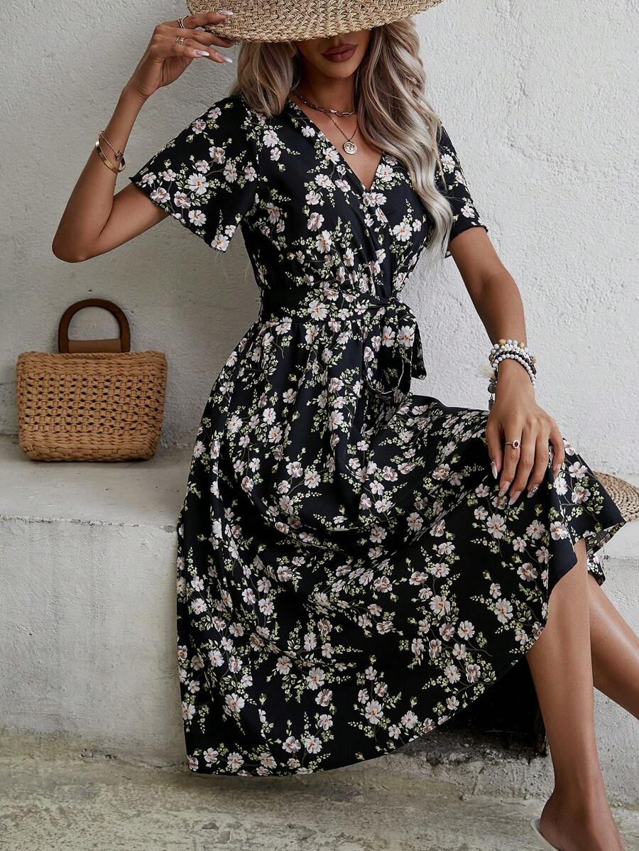 Mulvari Allover Floral Print Butterfly Sleeve Belted Dress - Black - View 1