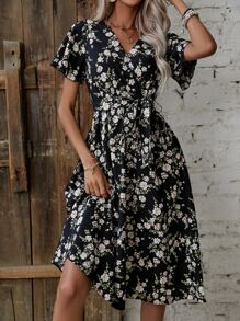 Mulvari Allover Floral Print Butterfly Sleeve Belted Dress - Black - View 4