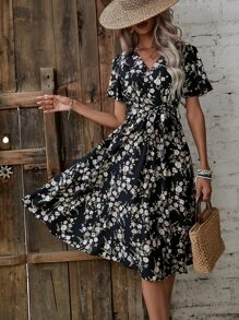 Mulvari Allover Floral Print Butterfly Sleeve Belted Dress - Black - View 5