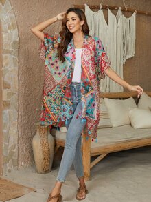 Floral Print Batwing Sleeve Asymmetrical Hem Kimono - Orange - View 3