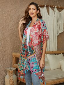 Floral Print Batwing Sleeve Asymmetrical Hem Kimono - Orange - View 4