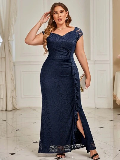 MIUSOL 大碼雞心領垂褶側邊魚尾裙下擺蕾絲連衣裙