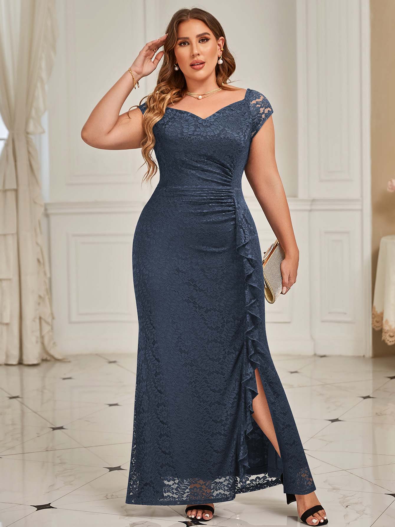 MIUSOL Plus Sweetheart Neck Draped Side Mermaid Hem Formal Lace Dress Elegant Prom Wedding Dress For Sale, For Graduation, Dinner - Xám - Xem 1