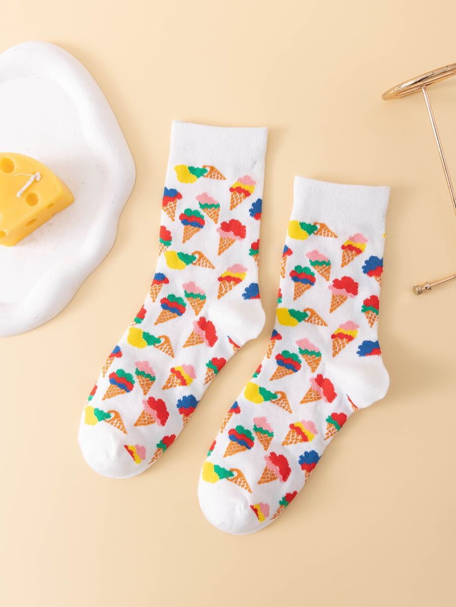 1雙女士冰淇淋圖案透氣可愛中筒襪適用於日常 - 彩色 - 查看 1