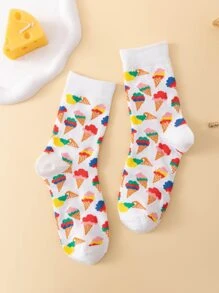 1雙女士冰淇淋圖案透氣可愛中筒襪適用於日常 - 彩色 - 查看 2