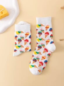 1雙女士冰淇淋圖案透氣可愛中筒襪適用於日常 - 彩色 - 查看 3