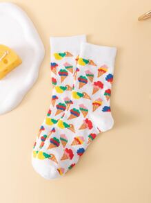 1雙女士冰淇淋圖案透氣可愛中筒襪適用於日常 - 彩色 - 查看 4