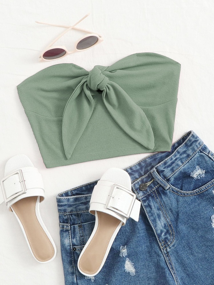 Soleia Tie Front Rib-knit Bustier Tube Top - Mint Green - View 1