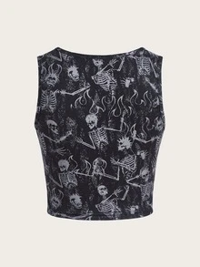 ROMWE Grunge Punk Skull Print Tank Top - Black - View 2