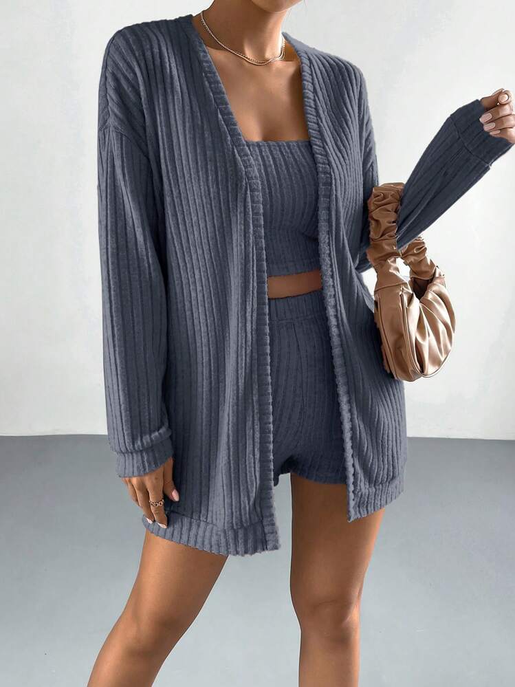 Muchica Drop Shoulder Open Front Coat & Tube Top & Shorts - Dusty Blue - View 7