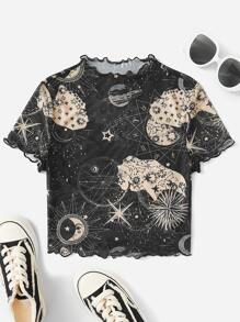 SHEIN EZwear Top con estampado de galaxia ribete en forma de lechuga de malla sin sujetador - Multicolor - Ver 1