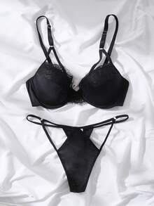 Contrast Lace Cut Out Underwire Lingerie Set - Black - View 4