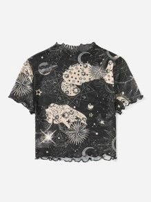 SHEIN EZwear Top con estampado de galaxia ribete en forma de lechuga de malla sin sujetador - Multicolor - Ver 2