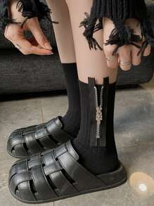 1雙女士素色側邊拉鏈休閒中筒襪適用於日常 - 黑色 - 查看 1