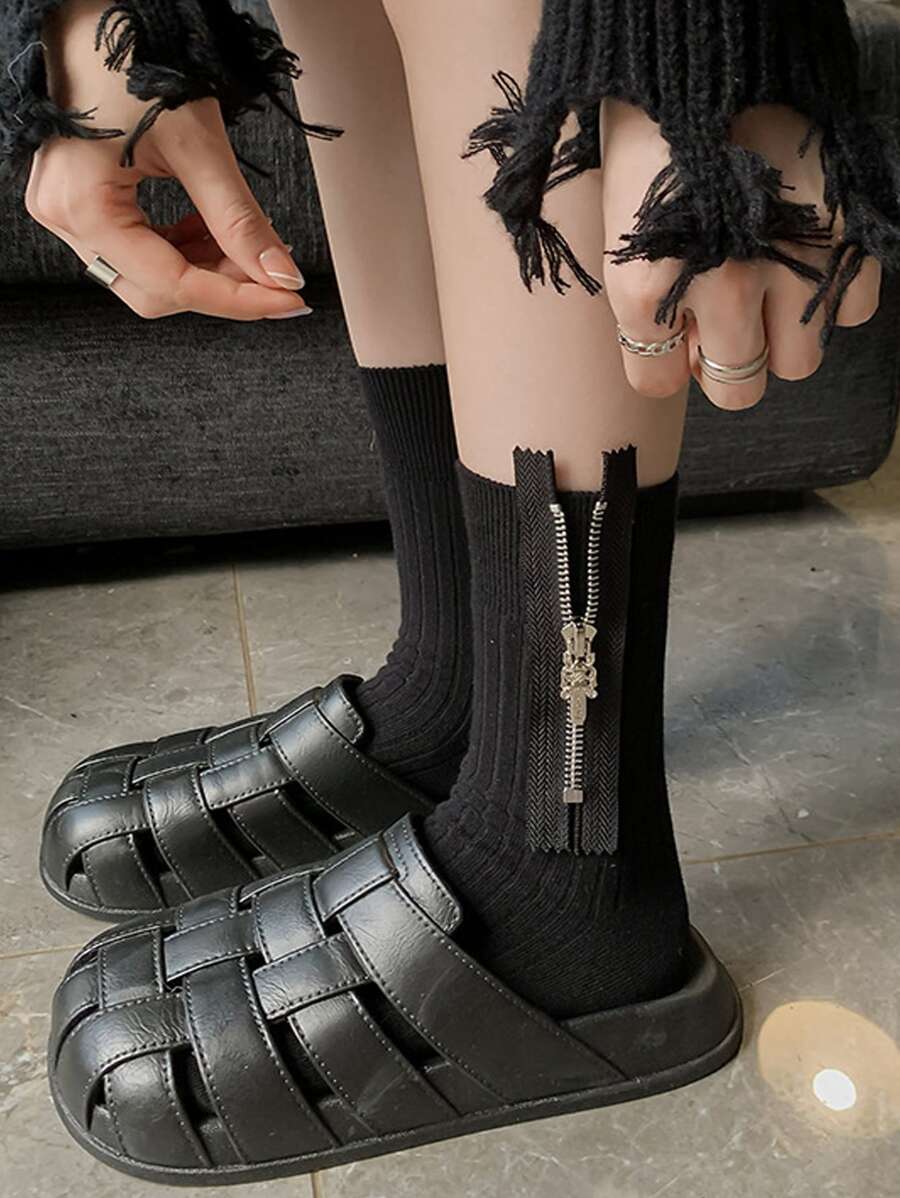 1雙女士素色側邊拉鏈休閒中筒襪適用於日常 - 黑色 - 查看 1