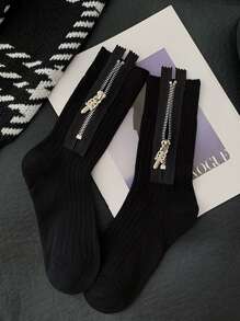 1雙女士素色側邊拉鏈休閒中筒襪適用於日常 - 黑色 - 查看 2
