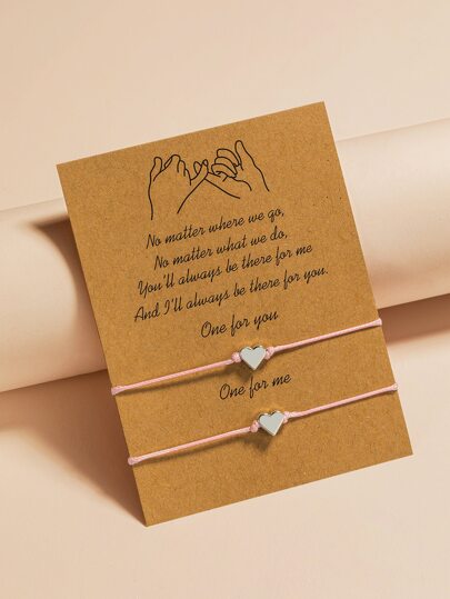 2 piezas Brazaletes de amistad tejidos con cuerda encerada y forma de corazón de aleación de zinc, adecuados como regalos del Día de la Madre