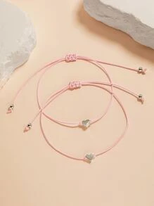 2pcs Zinc Alloy Heart Shaped Wax Rope Woven Friendship Bracelets, Suitable As Mother's Day Gifts - Pink - View 2