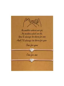 2pcs Zinc Alloy Heart Shaped Wax Rope Woven Friendship Bracelets, Suitable As Mother's Day Gifts - Pink - View 3