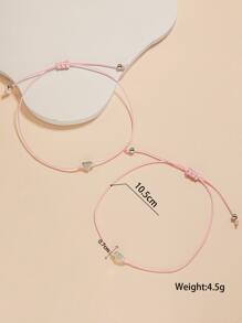 2pcs Zinc Alloy Heart Shaped Wax Rope Woven Friendship Bracelets, Suitable As Mother's Day Gifts - Pink - View 4