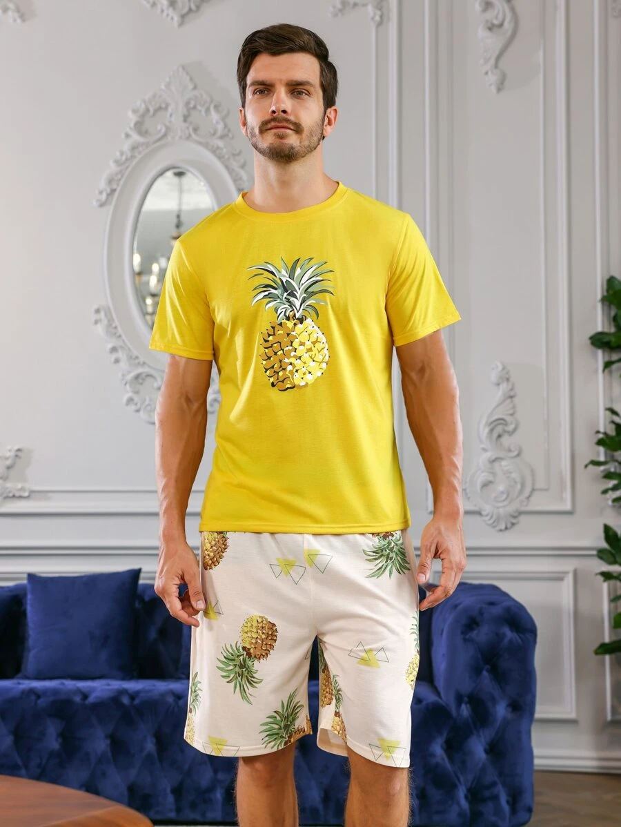 Men Pineapple Print PJ Set - Multicolor - View 1