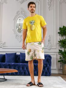 Men Pineapple Print PJ Set - Multicolor - View 3