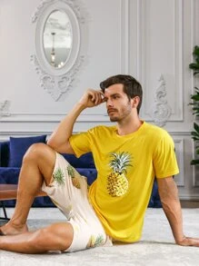 Men Pineapple Print PJ Set - Multicolor - View 6