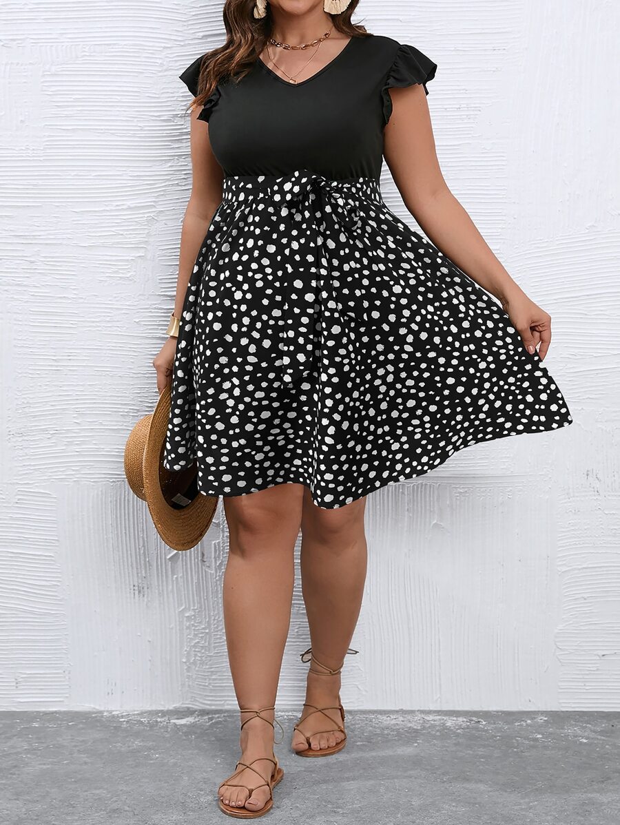 SHEIN LUNE Đầm Plus Size Xù Thắt lưng Đồ họa Giải trí - màu đen - Xem 1