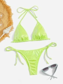 SHEIN Swim Summer Beach Metallic Halter Triangle Tie Side Bikini Set - Yellow - View 1