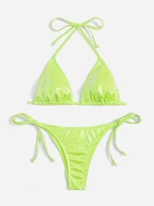SHEIN Swim Summer Beach Metallic Halter Triangle Tie Side Bikini Set - Yellow - View 3