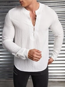 Manfinity VCAY Loose Fit Men Solid Half Button Curved Hem Shirt - White - View 1