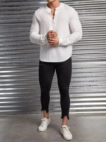 Manfinity VCAY Loose Fit Men Solid Half Button Curved Hem Shirt - White - View 3