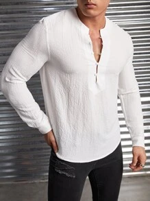 Manfinity VCAY Loose Fit Men Solid Half Button Curved Hem Shirt - White - View 5
