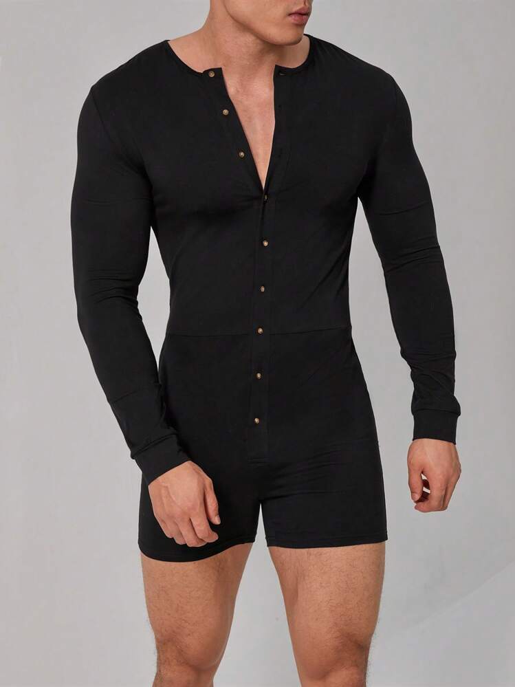 SHEIN Men Solid Button Front Sleep Romper - Black - View 3